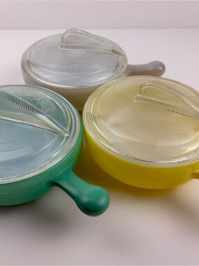 Lot of 3 Glasbake 5 in Small Casseroles W/Lids Vintage Green Yellow Gray MCM